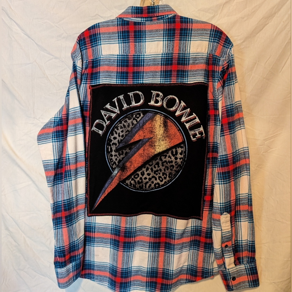 David BOWIE Plaid Upcycled Flannel Shirt Hand Crafted